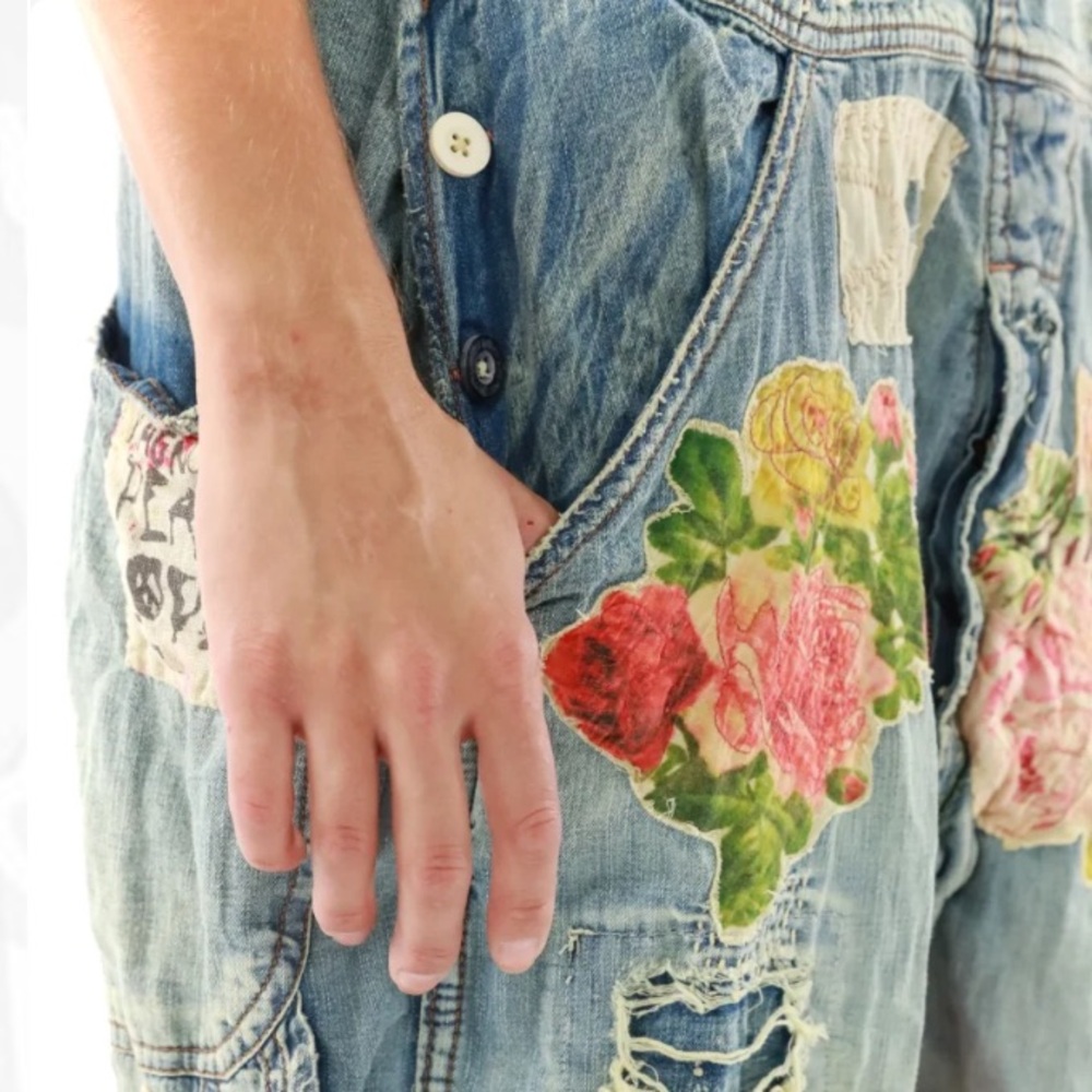 Magnolia Pearl/Free People Floral Appliqué Denim Overalls - Vintage - OS - NWT - Picture 7 of 16
